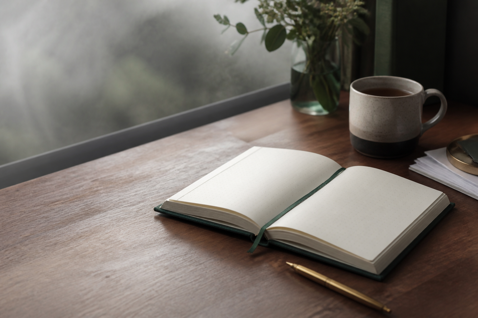 A calm desk with an open journal, brass pen, and morning light — a quiet place to organize what matters.